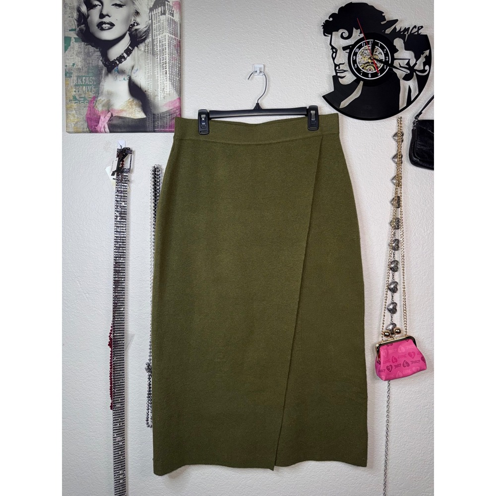 A New Day Sweater Skirt Womens Large Olive Green Knit Midi Faux Wrap Pull On NWT